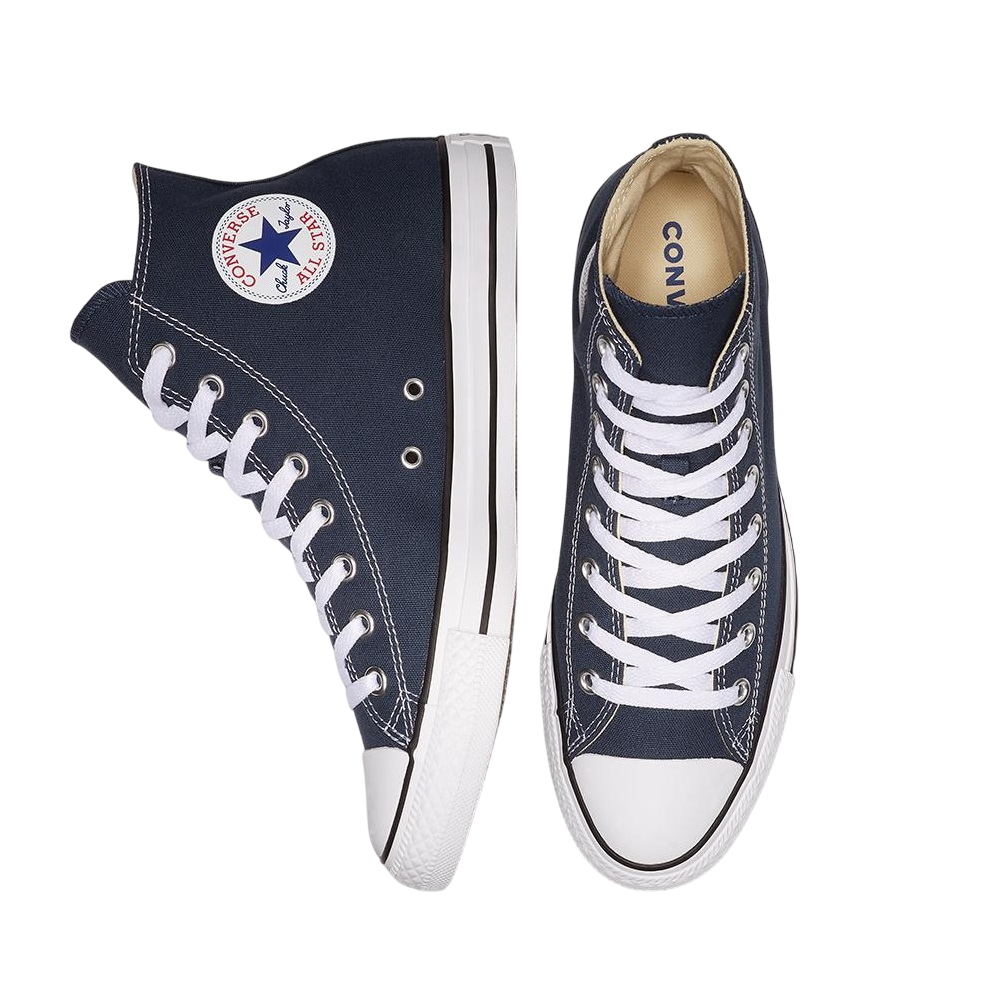 Dettaglio patch Chuck Taylor All Star M9622C sulla caviglia, sneakers blu autentiche Converse
