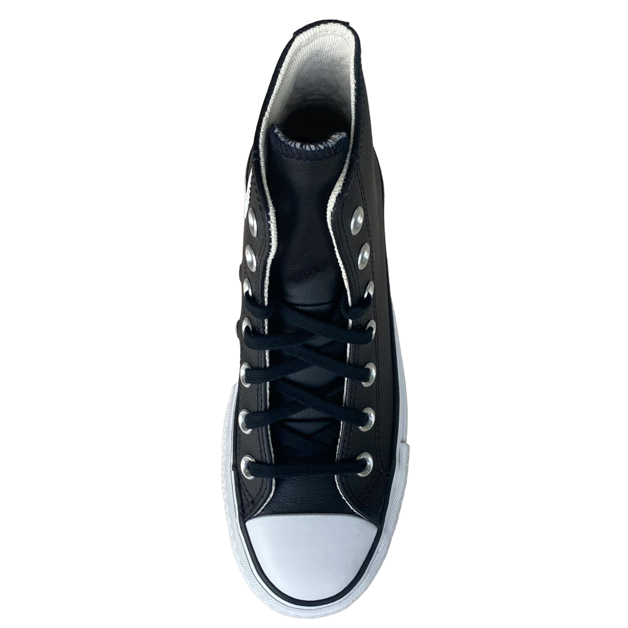 Dettaglio tomaia in pelle nera Converse All Star Chuck Taylor 561675C, materiali premium per donna, vista dall'alto