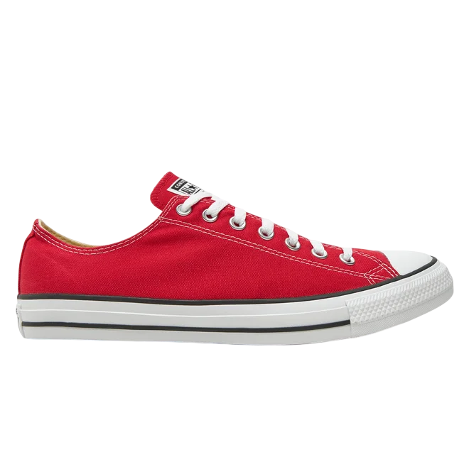 Sneakers Converse Chuck Taylor All Star Classic M9696C rosse basse da adulto, scarpe casual iconiche unisex in tela rossa con suola bianca, vista laterale