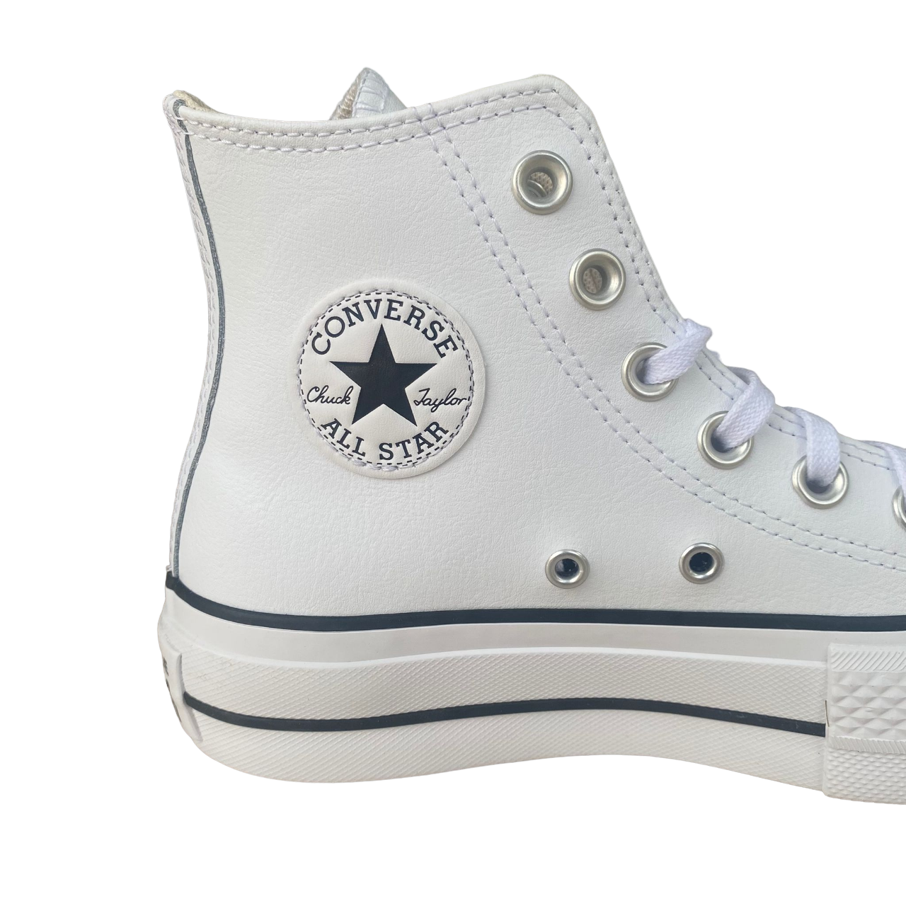 Converse Chuck Taylor All Star Platform 561676C sneakers alta donna in pelle bianco-nero con zeppa, dettaglio patch