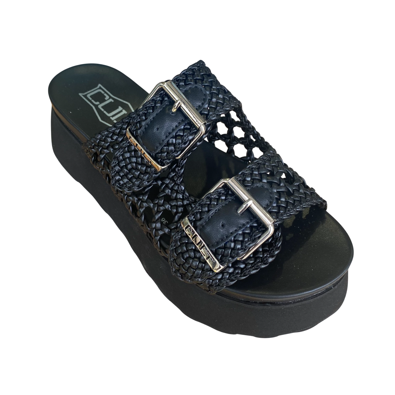 Cult sandalo da donna due fasce in pelle intrecciata impreziosite da fibbie in metallo con logo JANIS 4476 nero