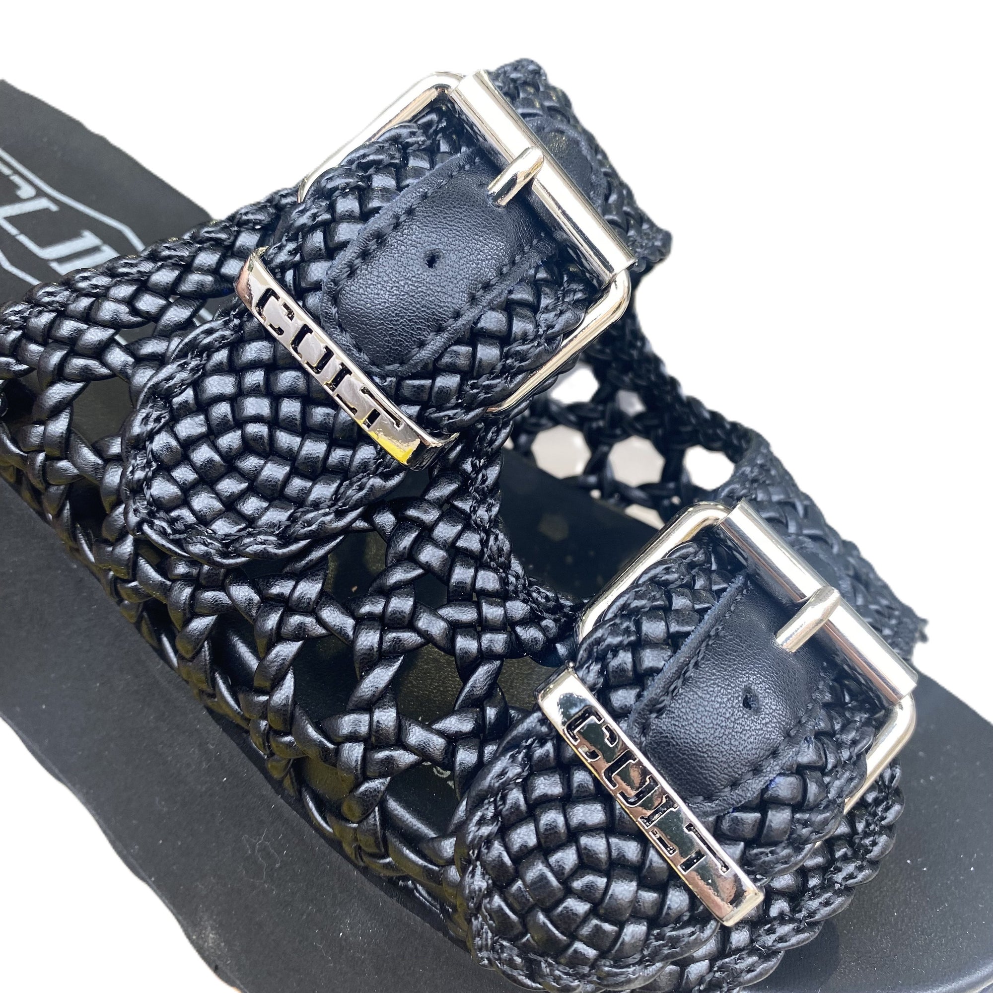 Cult sandalo da donna due fasce in pelle intrecciata impreziosite da fibbie in metallo con logo JANIS 4476 nero
