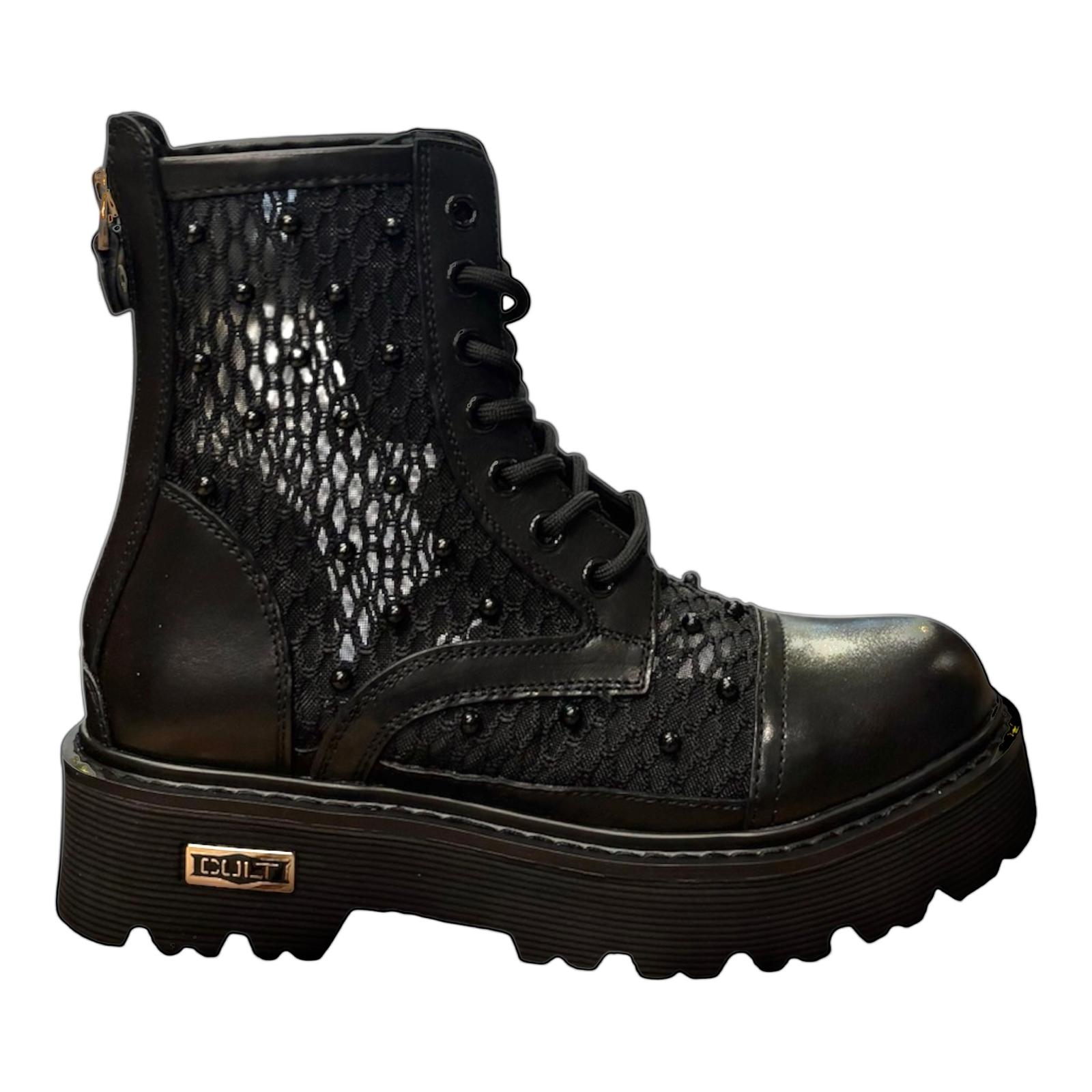 Cult stivale da donna in pelle e rete intrecciata con applicazione di perle nere CLW469600 nero