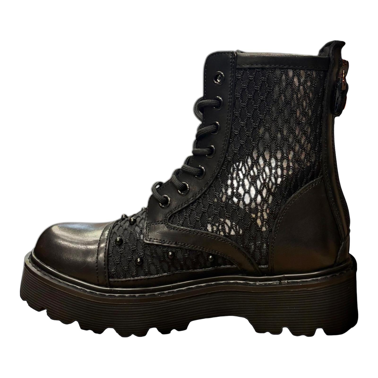 Cult stivale da donna in pelle e rete intrecciata con applicazione di perle nere CLW469600 nero