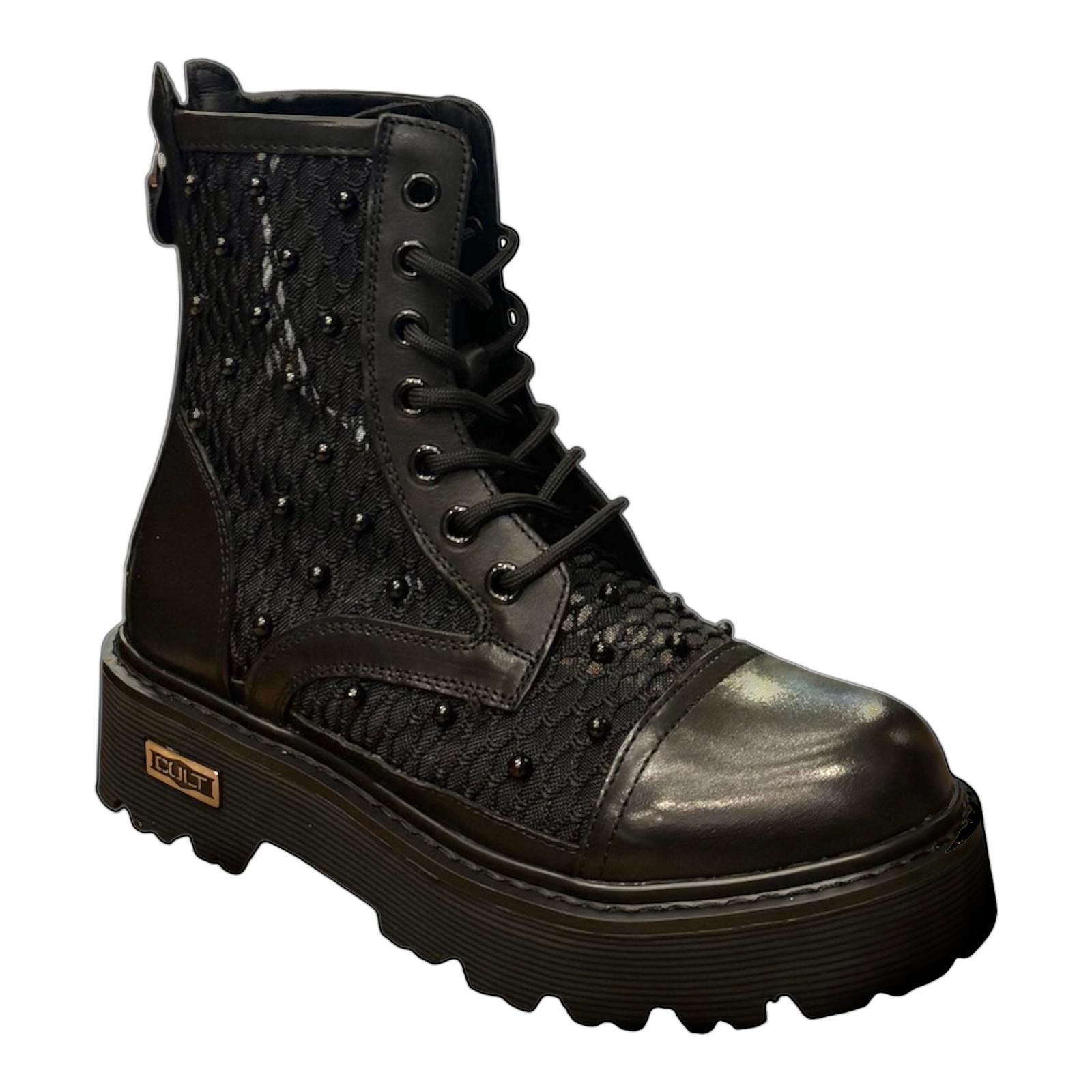 Cult stivale da donna in pelle e rete intrecciata con applicazione di perle nere CLW469600 nero