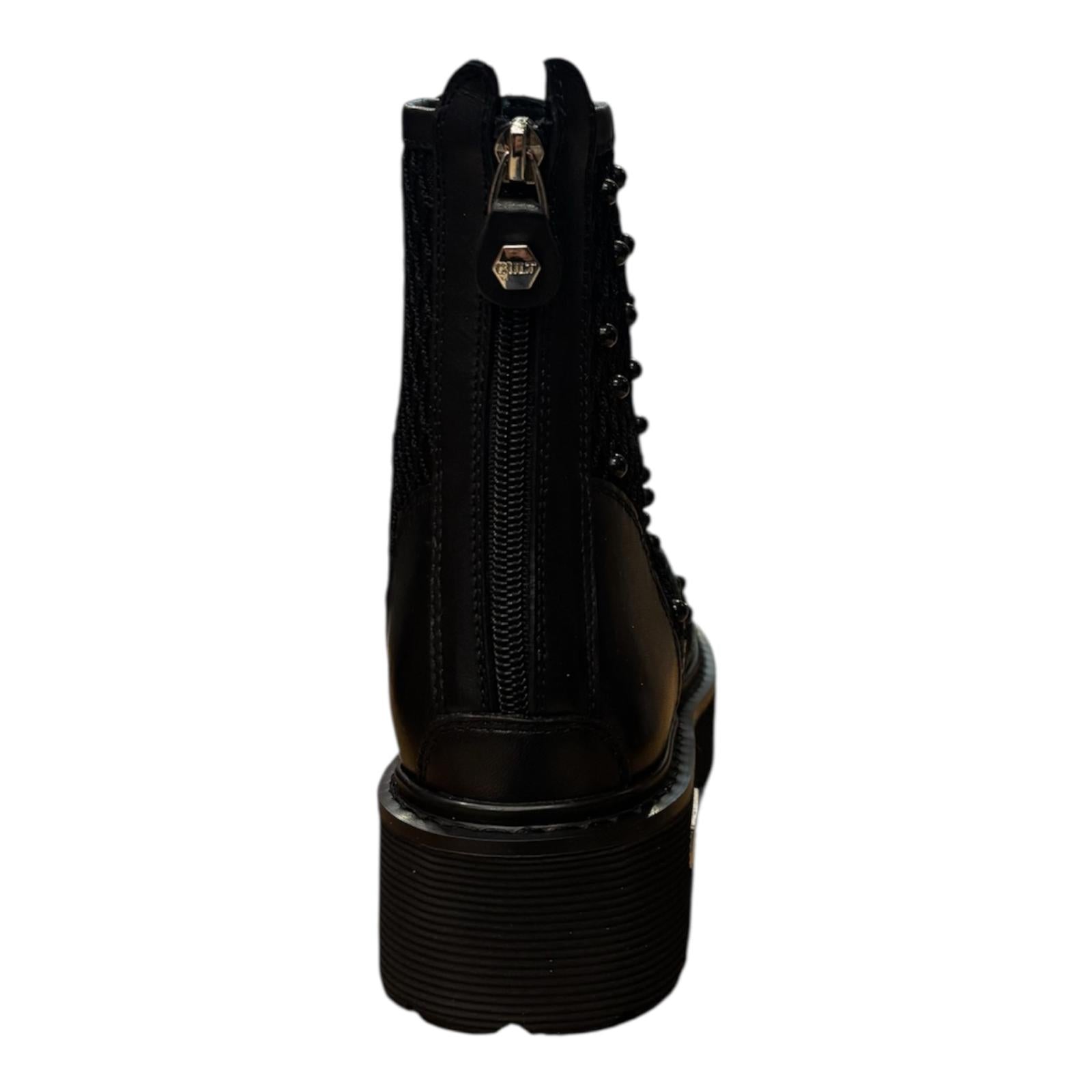 Cult stivale da donna in pelle e rete intrecciata con applicazione di perle nere CLW469600 nero