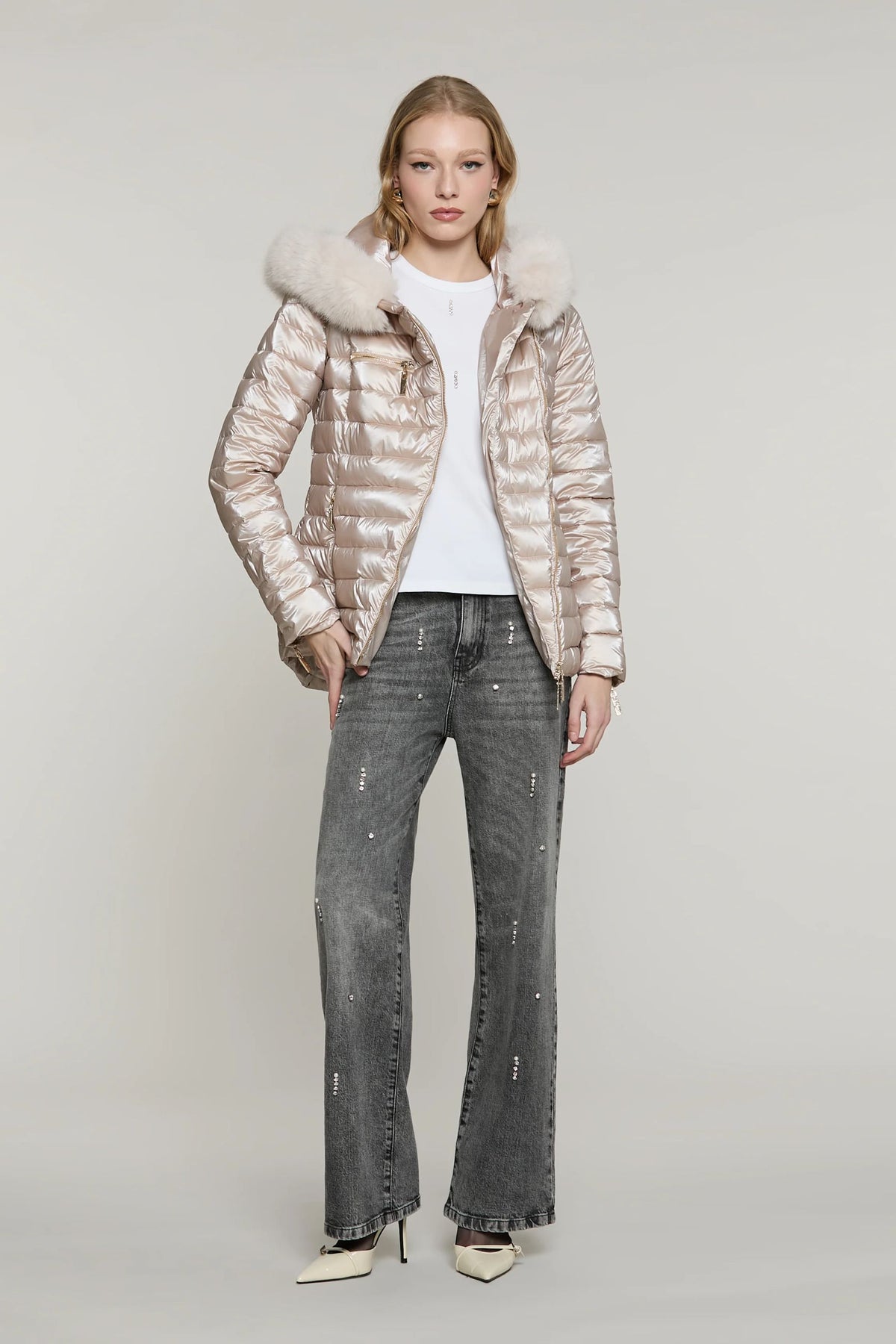Relish Piumino PYLEM_A manica lunga con tasche più zip trasversale più cappuccio più bordo ecopelliccia staccabile RDA2605009027 silver peony
