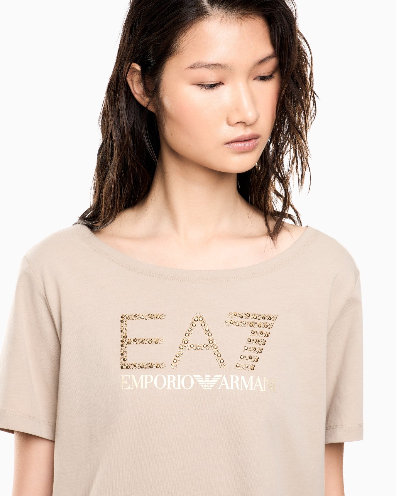 EA7 Emporio Armani T-shirt da donna Logo Series in jersey di cotone stretch 7W001098 AF14880 U6225 beige