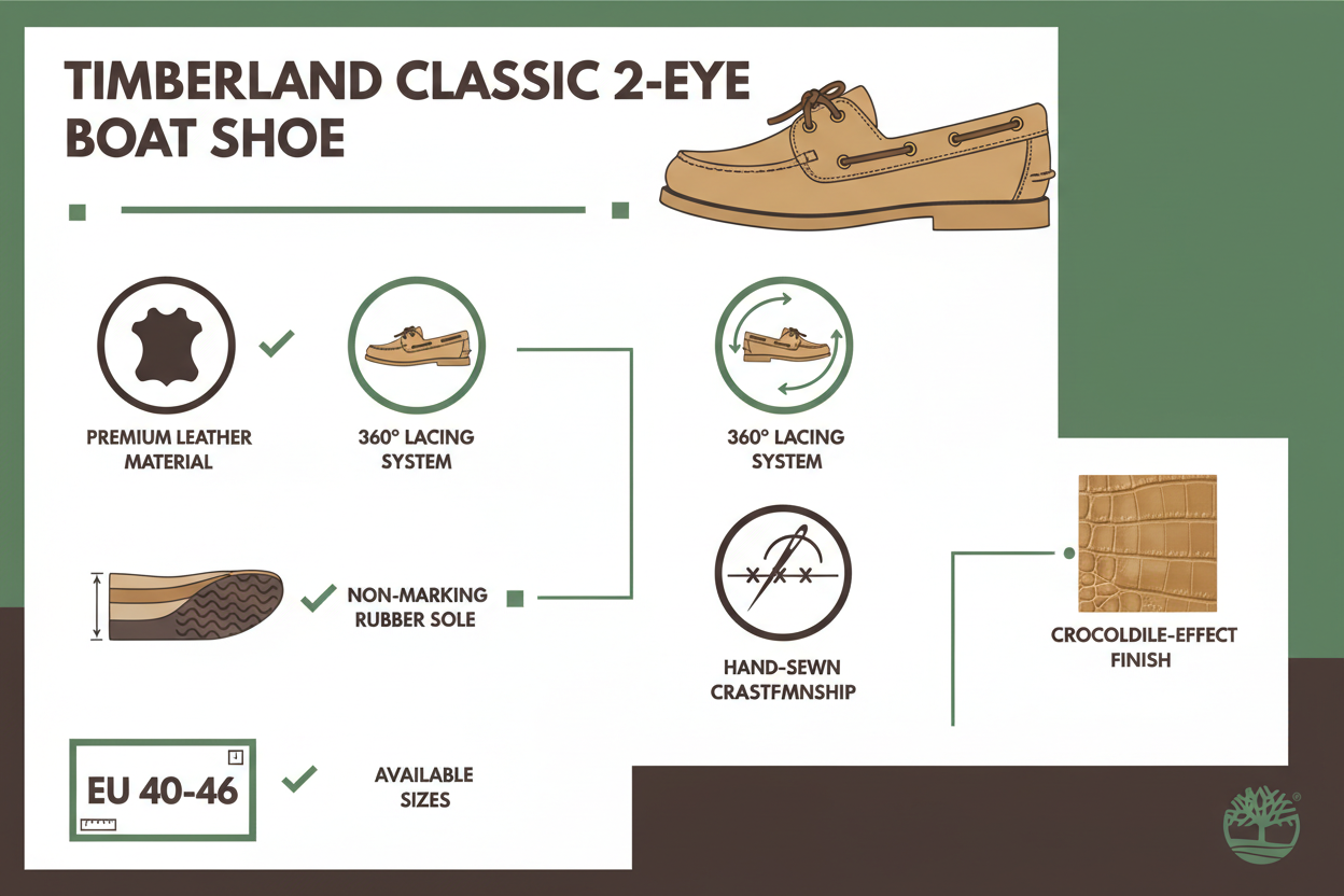 Infografica tecnica Timberland Classic 2-Eye: pelle premium certificata, allacciatura 360°, suola gomma non-marking, taglie 40-46, finitura coccodrillo