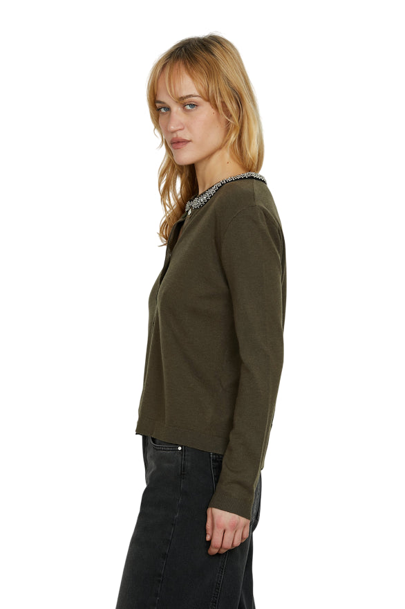 Relish – Maglia Cardigan SARIA Manica Lunga con Applicazione Strass e Perline RDA2502605008 Faggio