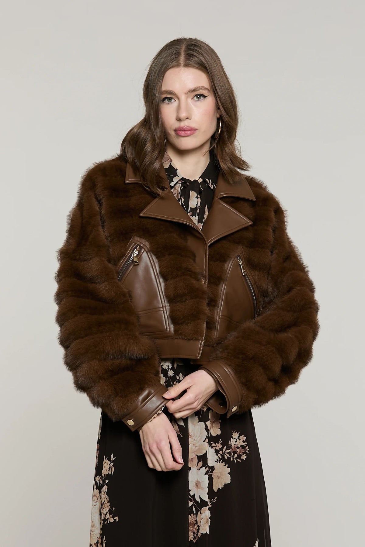 Relish Pelliccia OVERTOYOU eco corta manica lunga con inserti ecopelle più zip più snap RDA2605009059 marrone