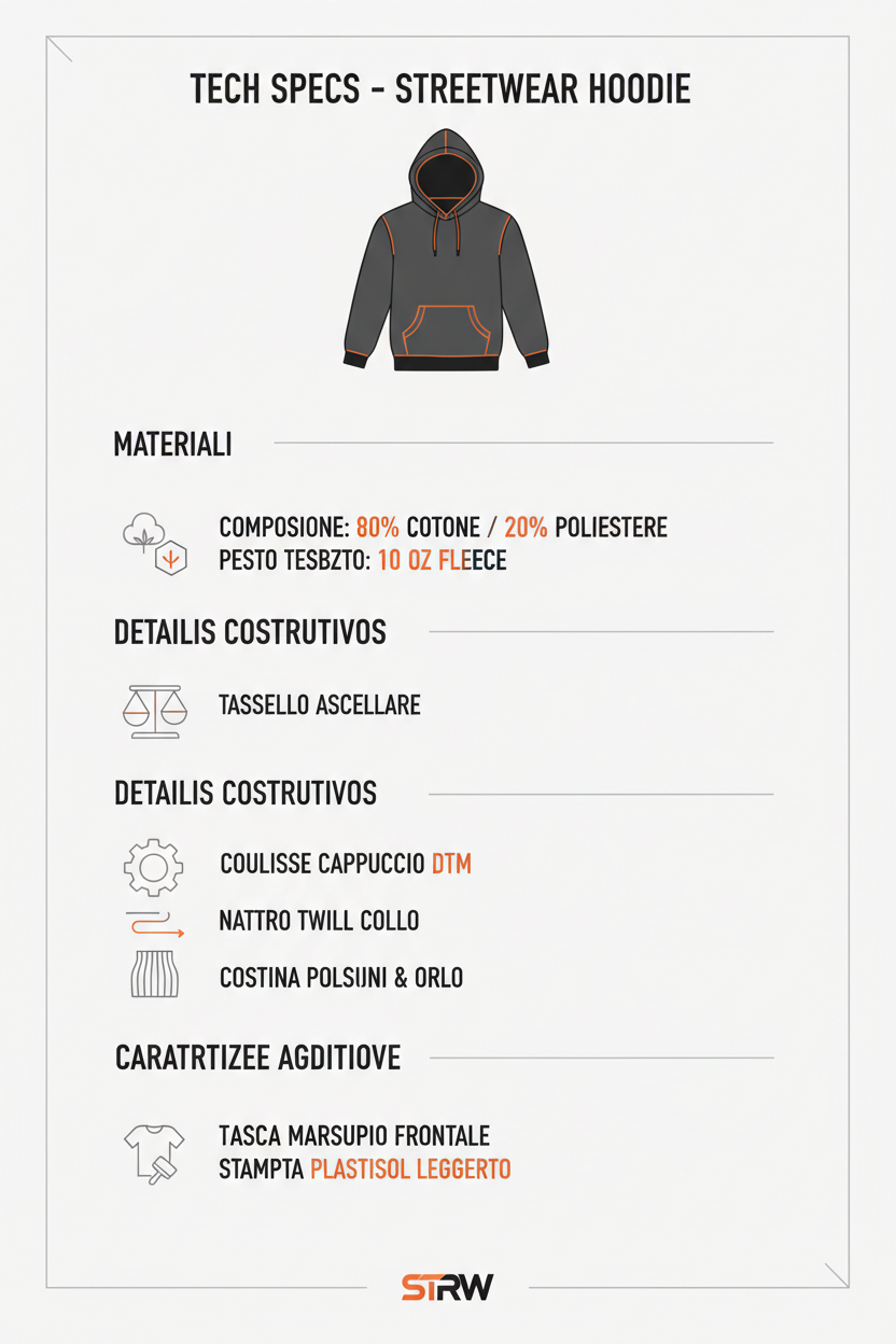 Infografica tecnica Etnies Explore Hoodie: composizione 80% cotone 20% poliestere, pile 10oz, dettagli costruttivi professionali