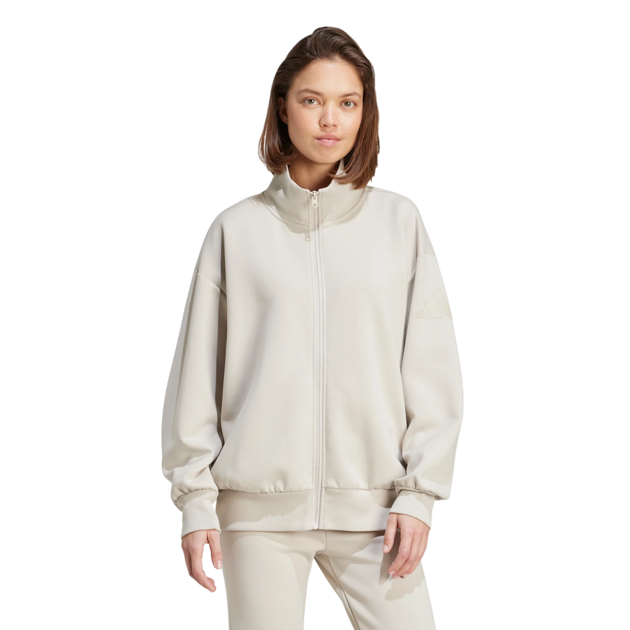 Felpa donna Adidas con zip JV9904 colore beige vestibilità ampia elegante, abbigliamento casual premium, frontale
