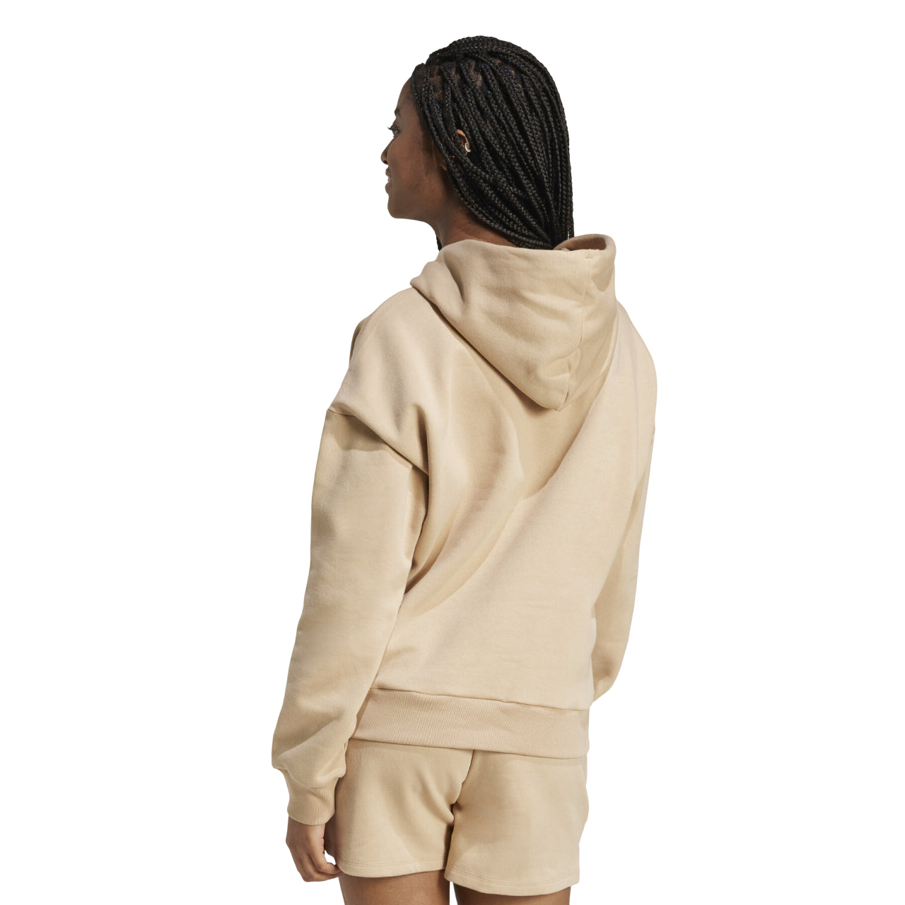 Felpa Adidas Essentials JV7310 sabbia donna con cappuccio, vista posteriore