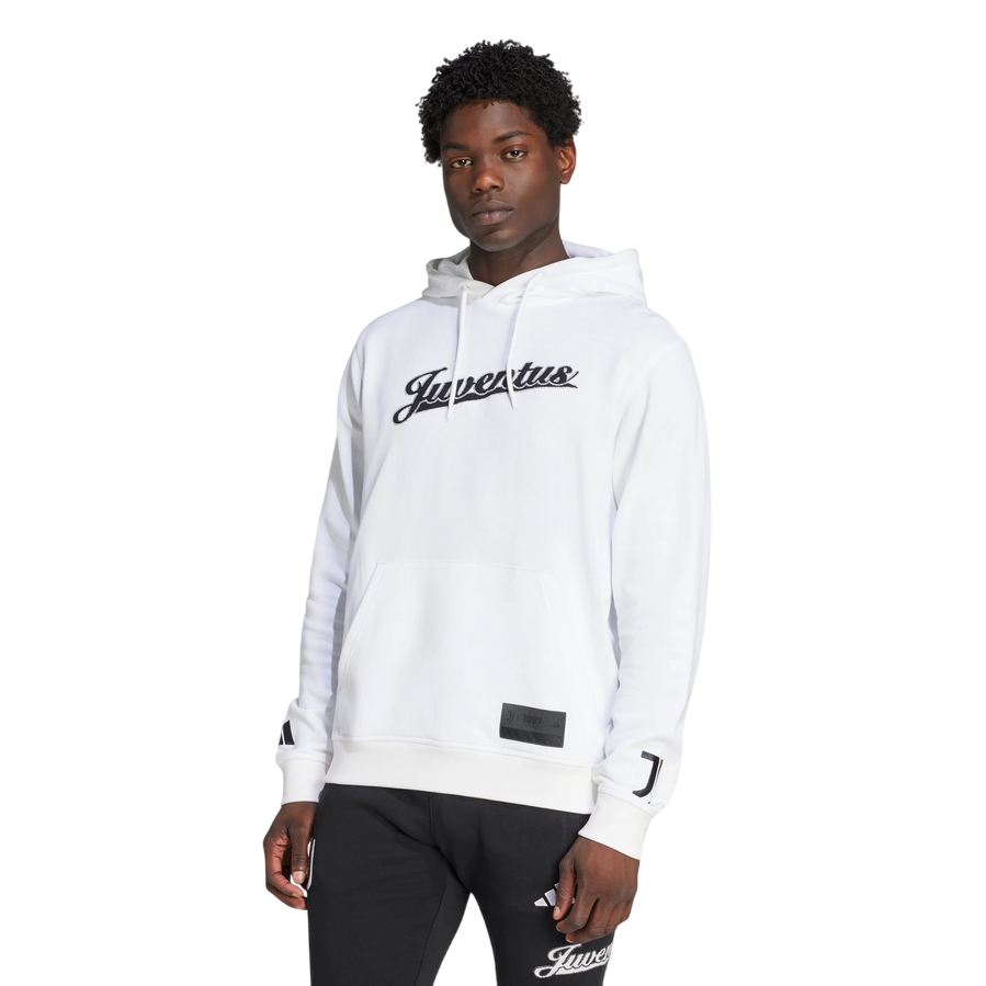 Felpa con cappuccio Adidas Juventus JM9465 bianca da uomo, abbigliamento sportivo ufficiale bianconero, frontale