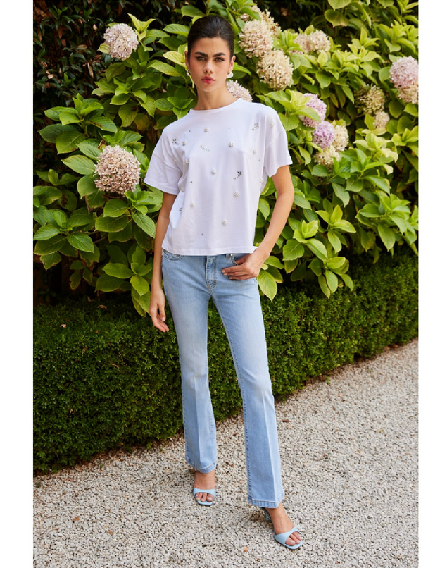 Fly Girl maglia manica corta da donna con applicazione perle e lavorazione sangallo 11690/01 bianco