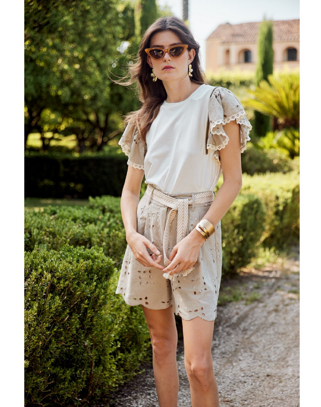 Fly Girl maglietta manica corta da donna con maniche ricamate e ornate 11685/01 panna-sabbia