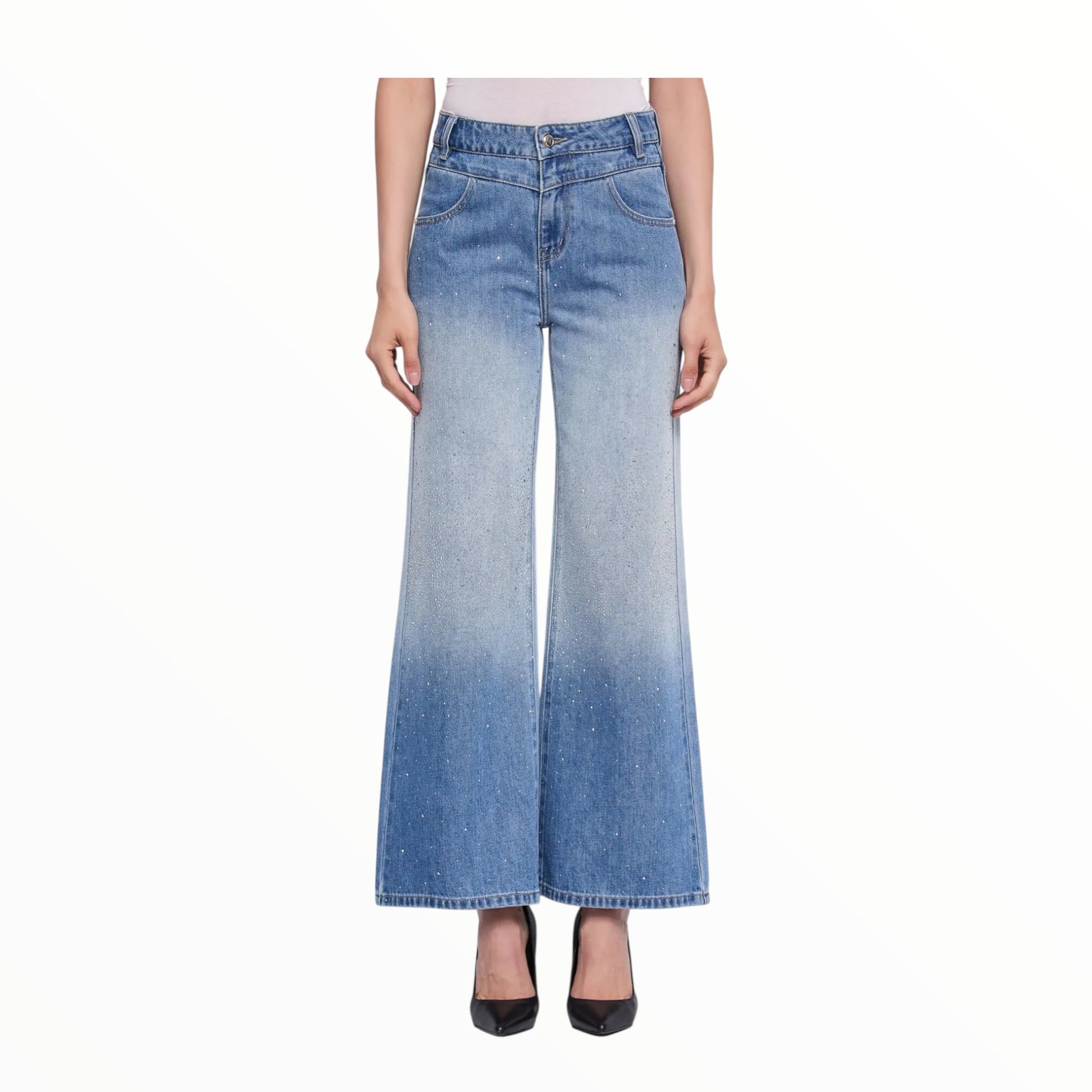 Gaudì Jeans wide leg da donna in cotone con strass 611BD26010 blu chiaro