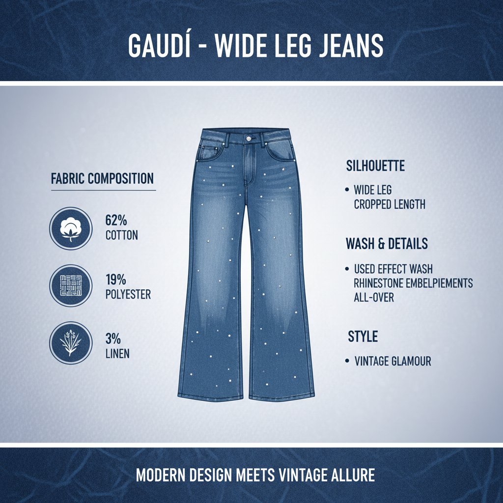 Infografica tecnica Gaudì Jeans: 62% cotone 19% poliestere 16% viscosa 3% lino, wide leg cropped, strass all-over, effetto used, peso 450g