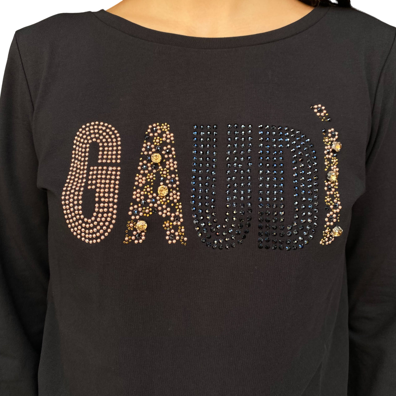Gaudì T-shirt 521BD64014 Nero: T-shirt Donna con Strass e Borchie - DETTAGLIO