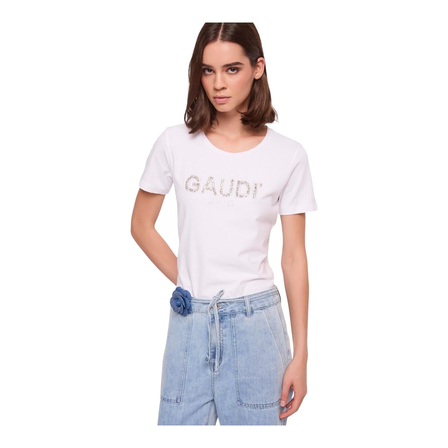 Gaudì T-shirt da donna con strass 611BD64067 2100 bianco