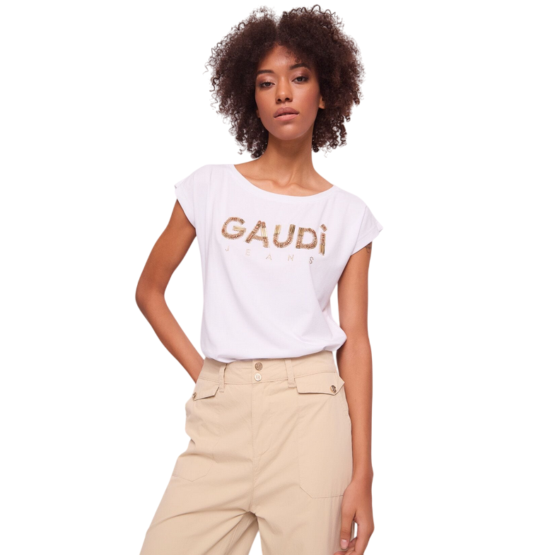 Gaudì maglietta manica corta da donna con logo in applicazioni metalliche 511BD64025 2100 bianco