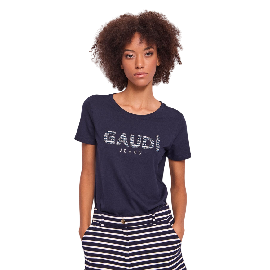 Gaudì maglietta manica corta da donna con scritta strass 511BD64021 3966 blu