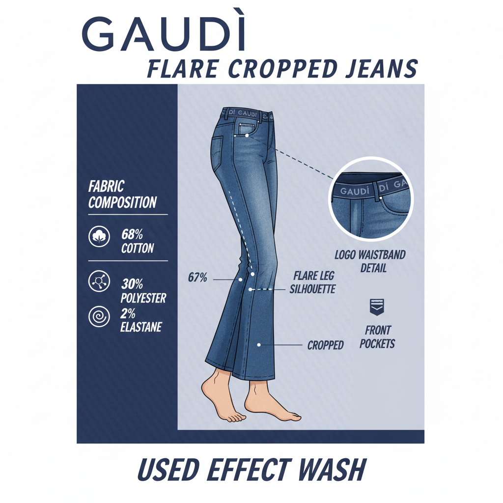 Infografica tecnica Gaudì Jeans: 68% cotone 30% poliestere 2% elastan, flare cropped, salpa logata, effetto used, peso 420g