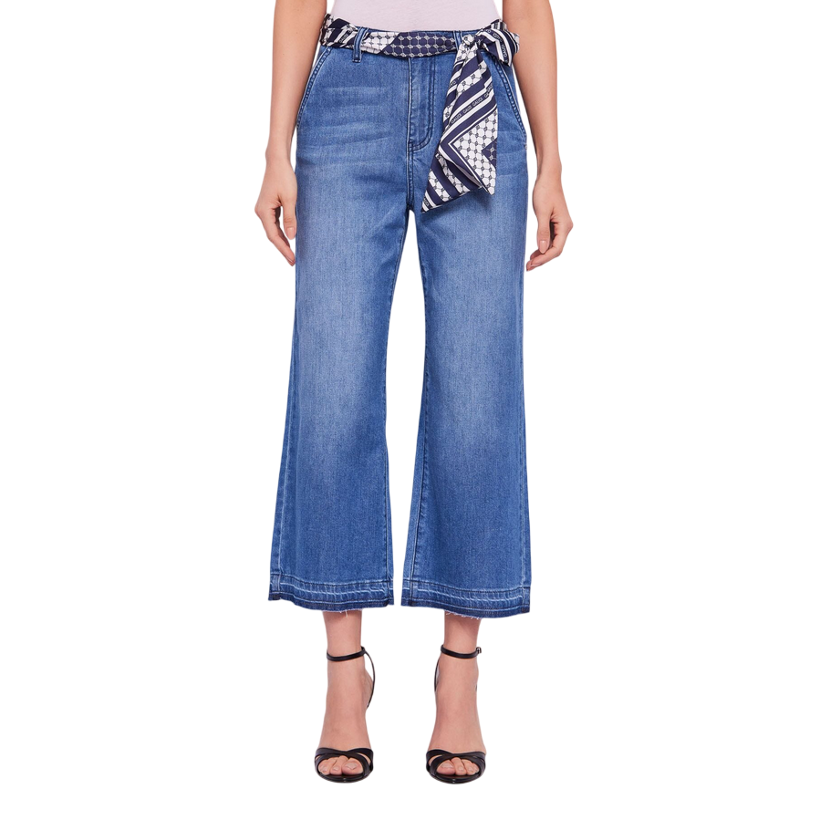 Gaudì pantalone jeans da donna largo a vita alta con foulard come cintura 511BD26010 blu chiaro