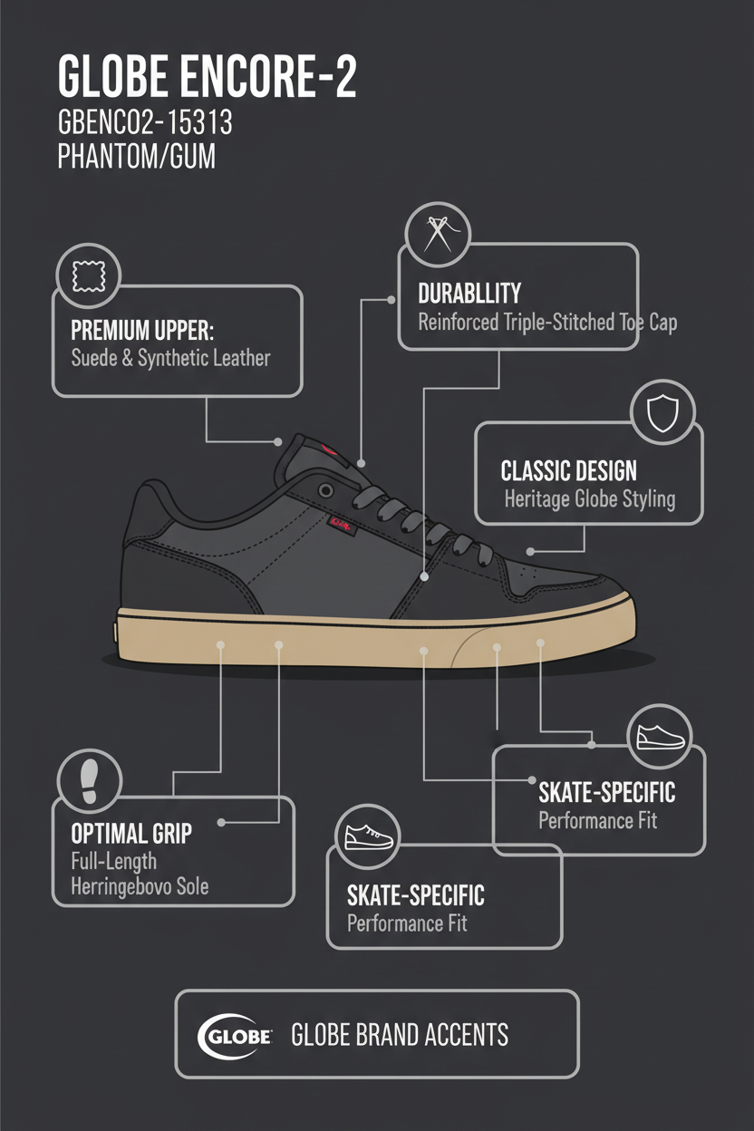 Infografica tecnica Globe Encore-2 GBENCO2-15313 - Pelle scamosciata, suola spina di pesce, puntale tripla cucitura