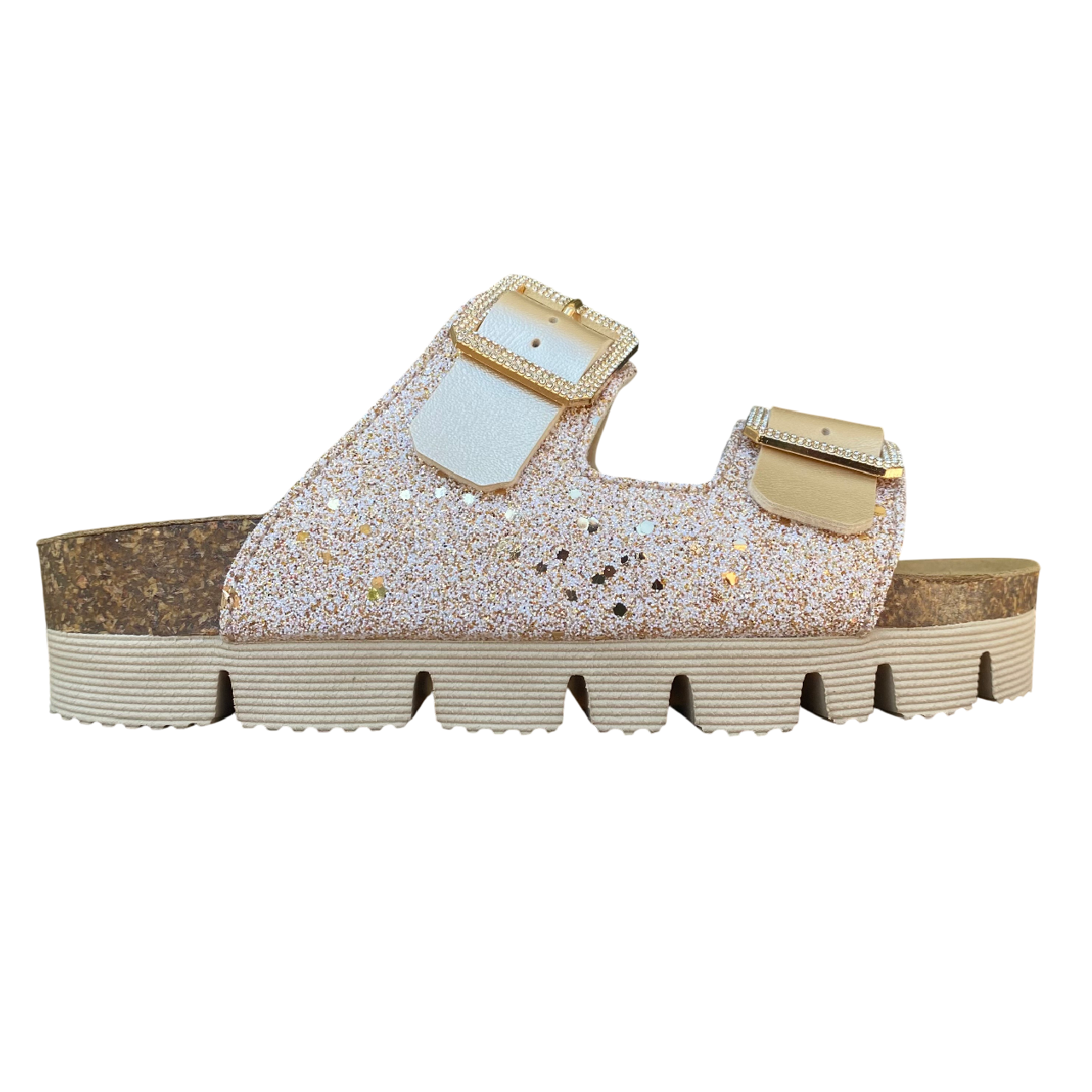 Goldstar ciabatta da donna con sottopiede in pelle 2 fasce laminata e gliettata e con fibbie glitterate GS6800QS oro