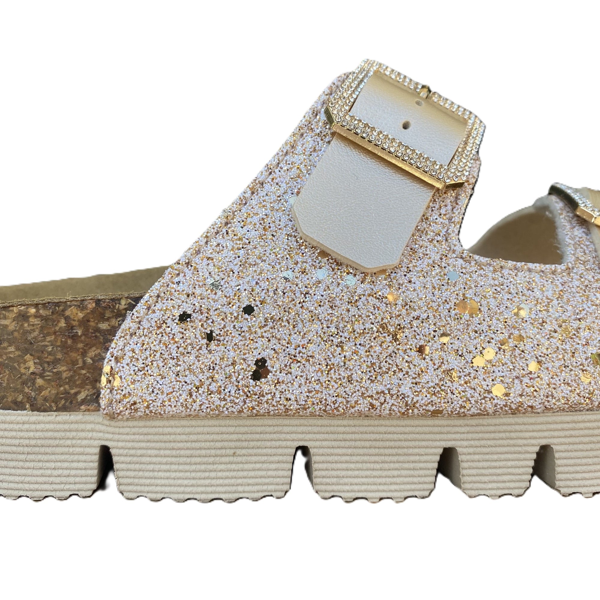 Goldstar ciabatta da donna con sottopiede in pelle 2 fasce laminata e gliettata e con fibbie glitterate GS6800QS oro