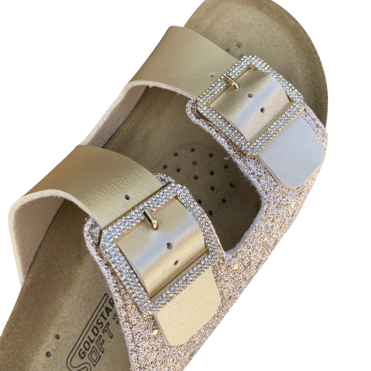 Goldstar ciabatta da donna con sottopiede in pelle 2 fasce laminata e gliettata e con fibbie glitterate GS6800QS oro