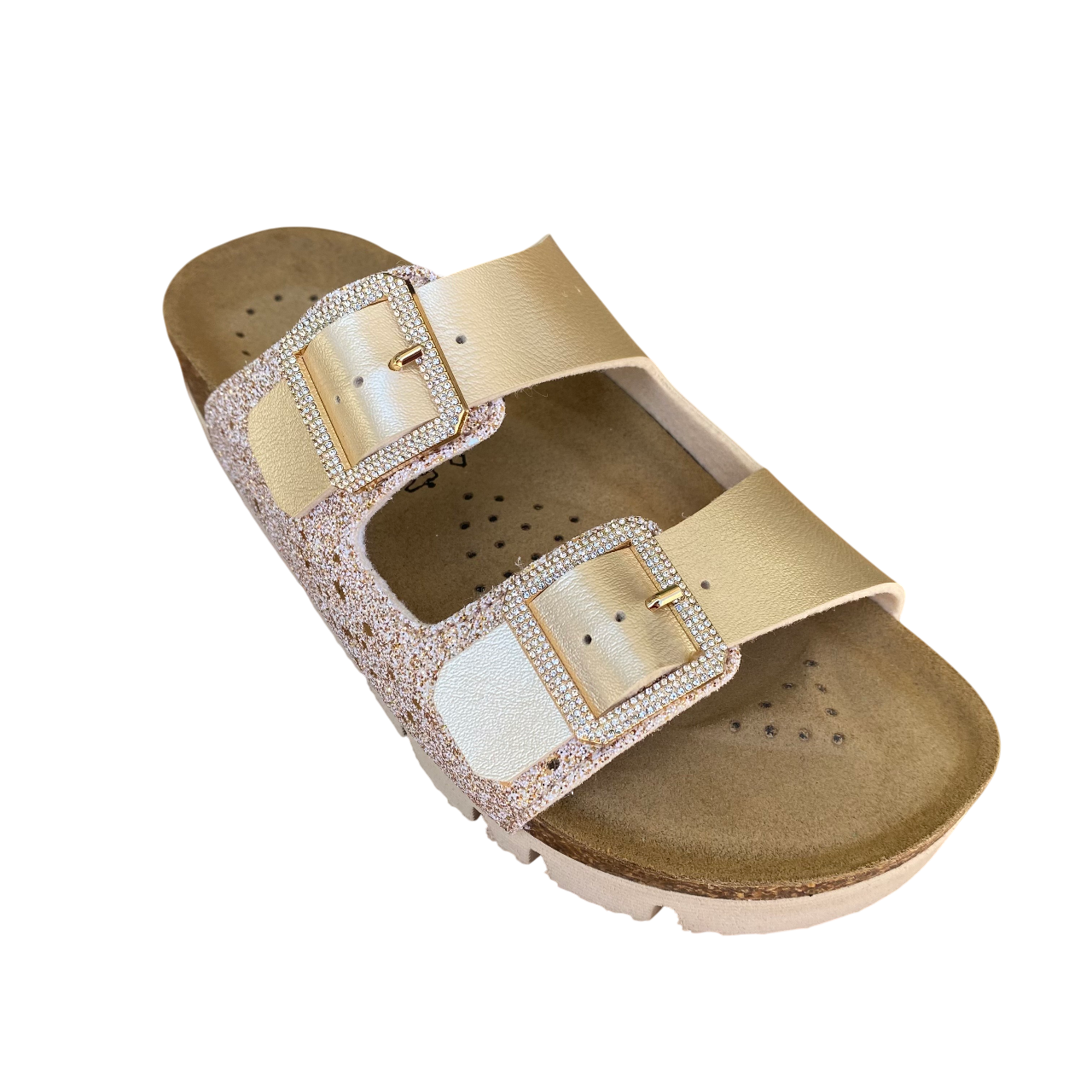 Goldstar ciabatta da donna con sottopiede in pelle 2 fasce laminata e gliettata e con fibbie glitterate GS6800QS oro