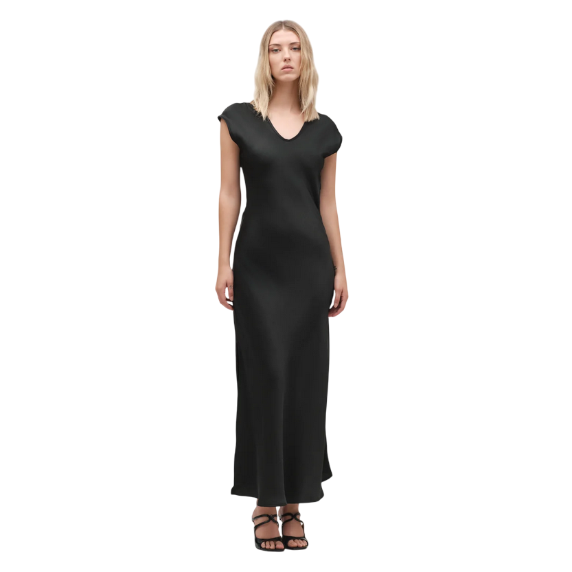 Griffai Abito lungo da donna in raso con scollo a V DGP6682 nero