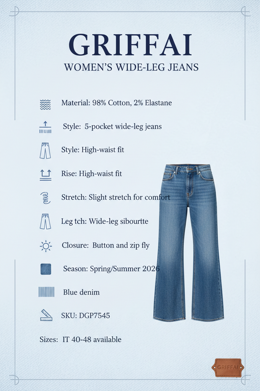 Griffai Jeans Donna Wide Leg DGP7545 Blu - Specifiche tecniche: 98% cotone 2% elastane, vita alta, gamba ampia wide leg, 5 tasche, denim stretch, taglie IT 40-48 disponibili