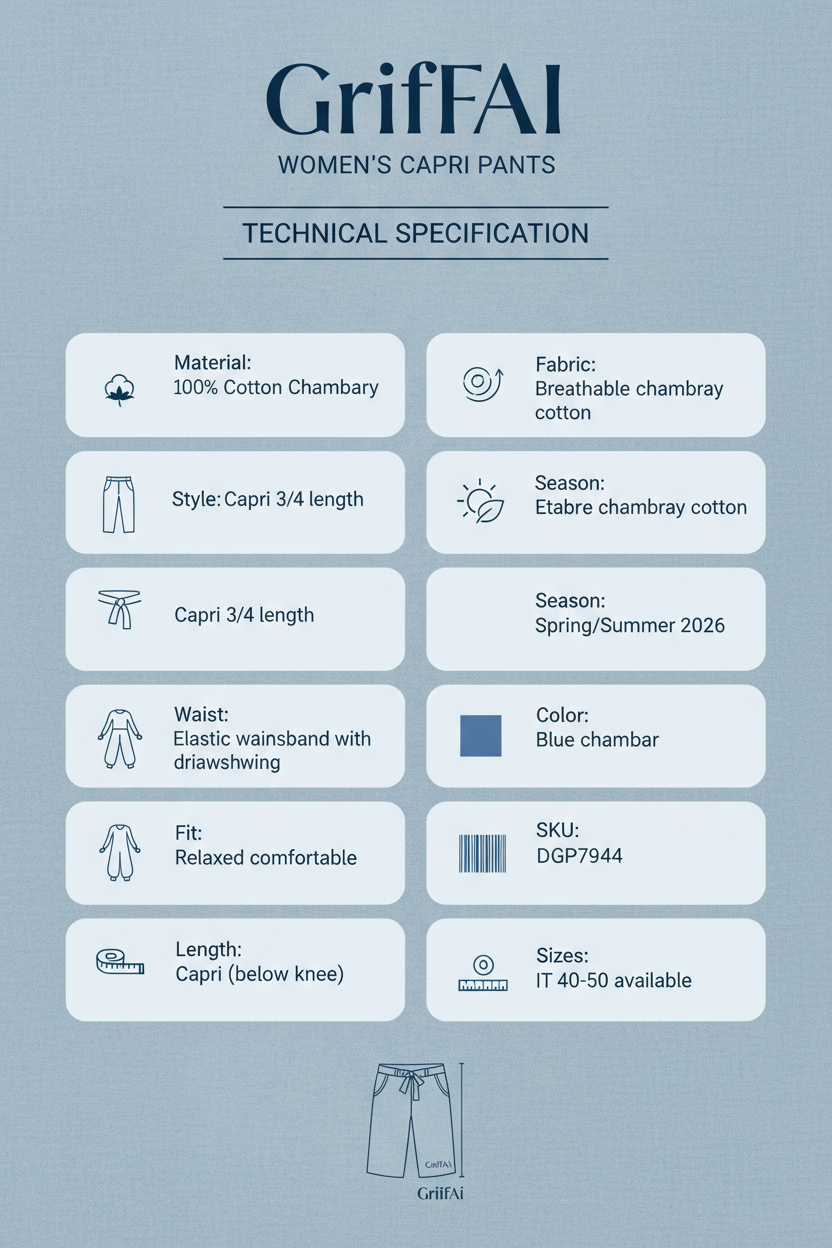 Griffai Pantalone Capri Donna DGP7944 Blu - Specifiche tecniche: 100% cotone chambray, vita elastica coulisse, lunghezza 3/4 capri, tessuto traspirante, taglie IT 40-50 disponibili