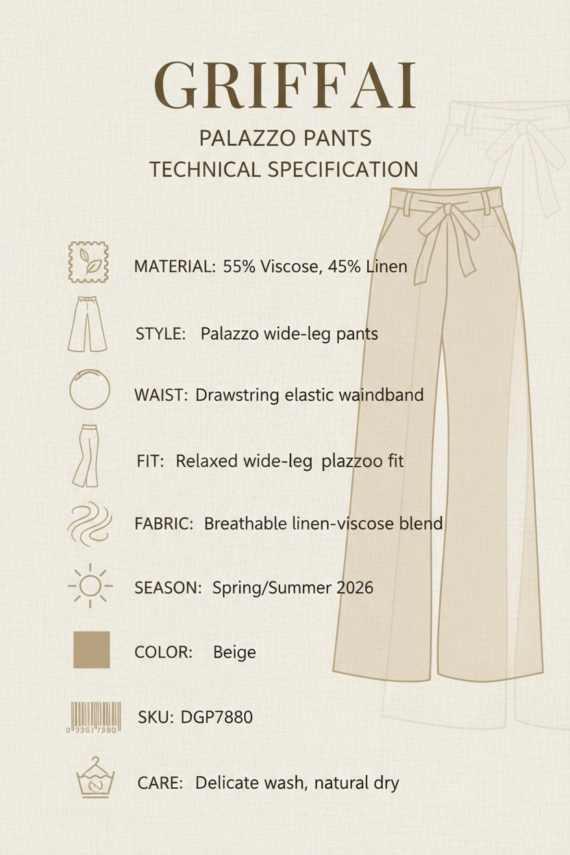 Griffai Pantapalazzo Donna DGP7880 Beige - Specifiche tecniche: 55% viscosa 45% lino, vita elastica coulisse, gamba ampia palazzo, tessuto traspirante, taglie S-2XL disponibili