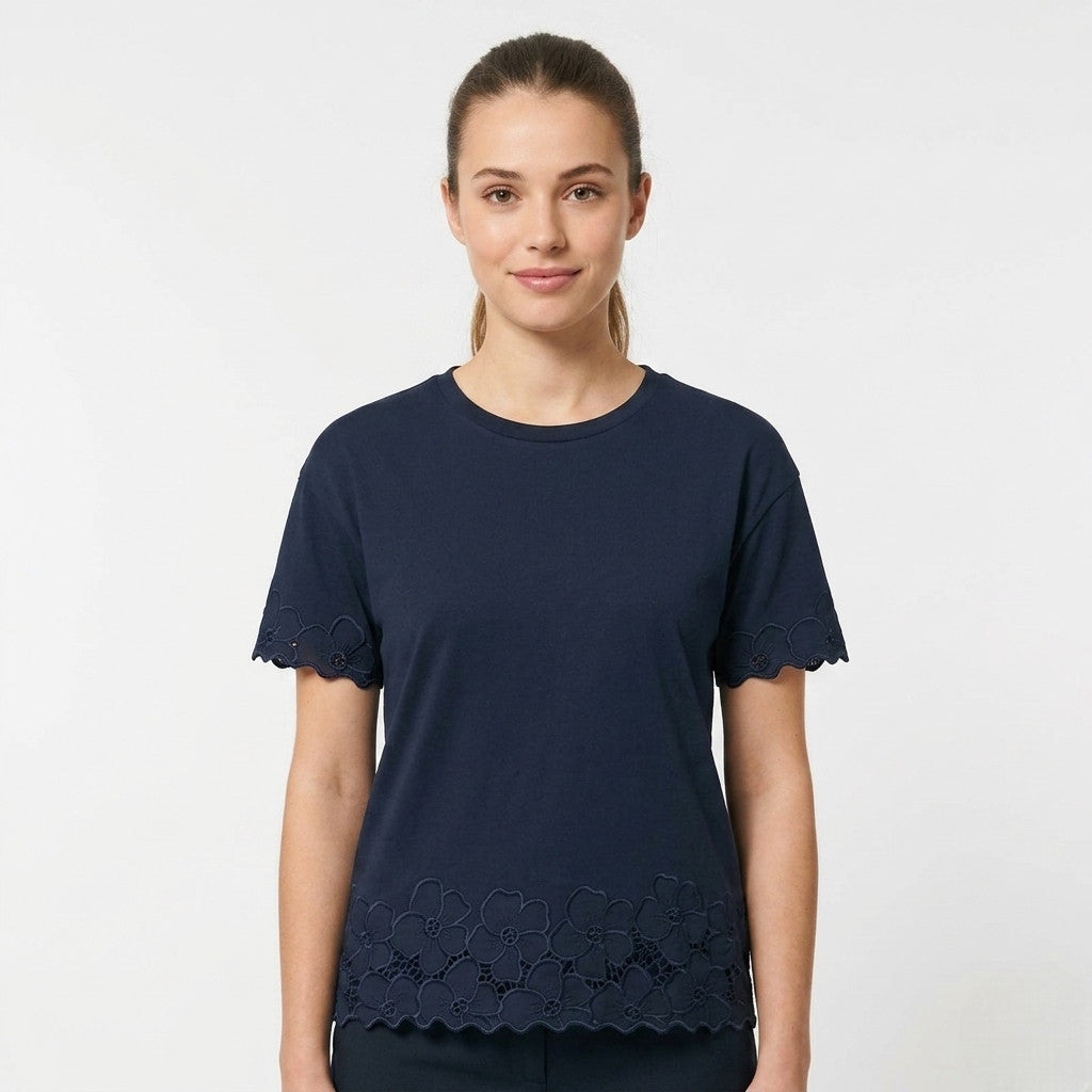 Griffai T-shirt da donna manica corta traforata e con ricamo fiori DGP8032 blu