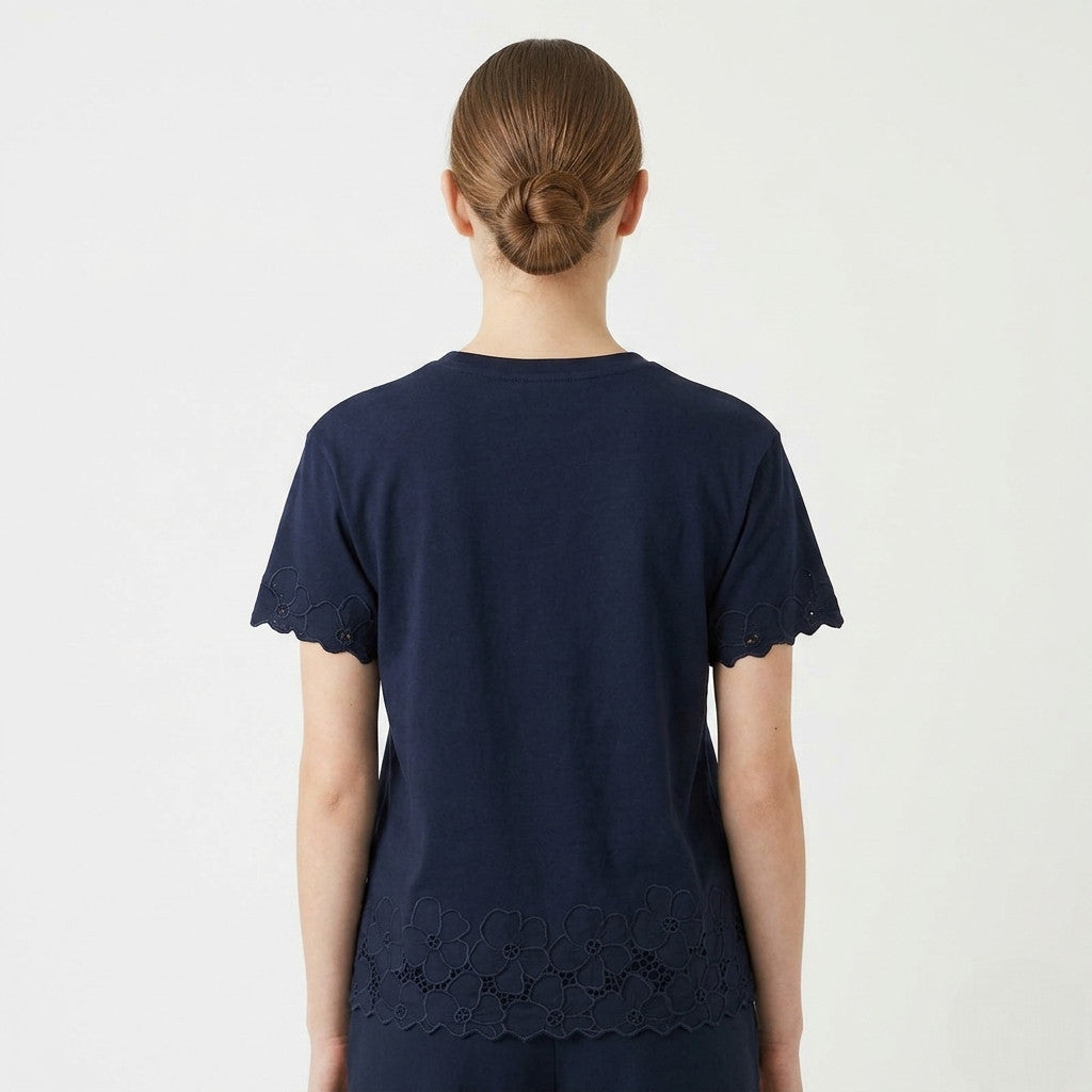Griffai T-shirt da donna manica corta traforata e con ricamo fiori DGP8032 blu