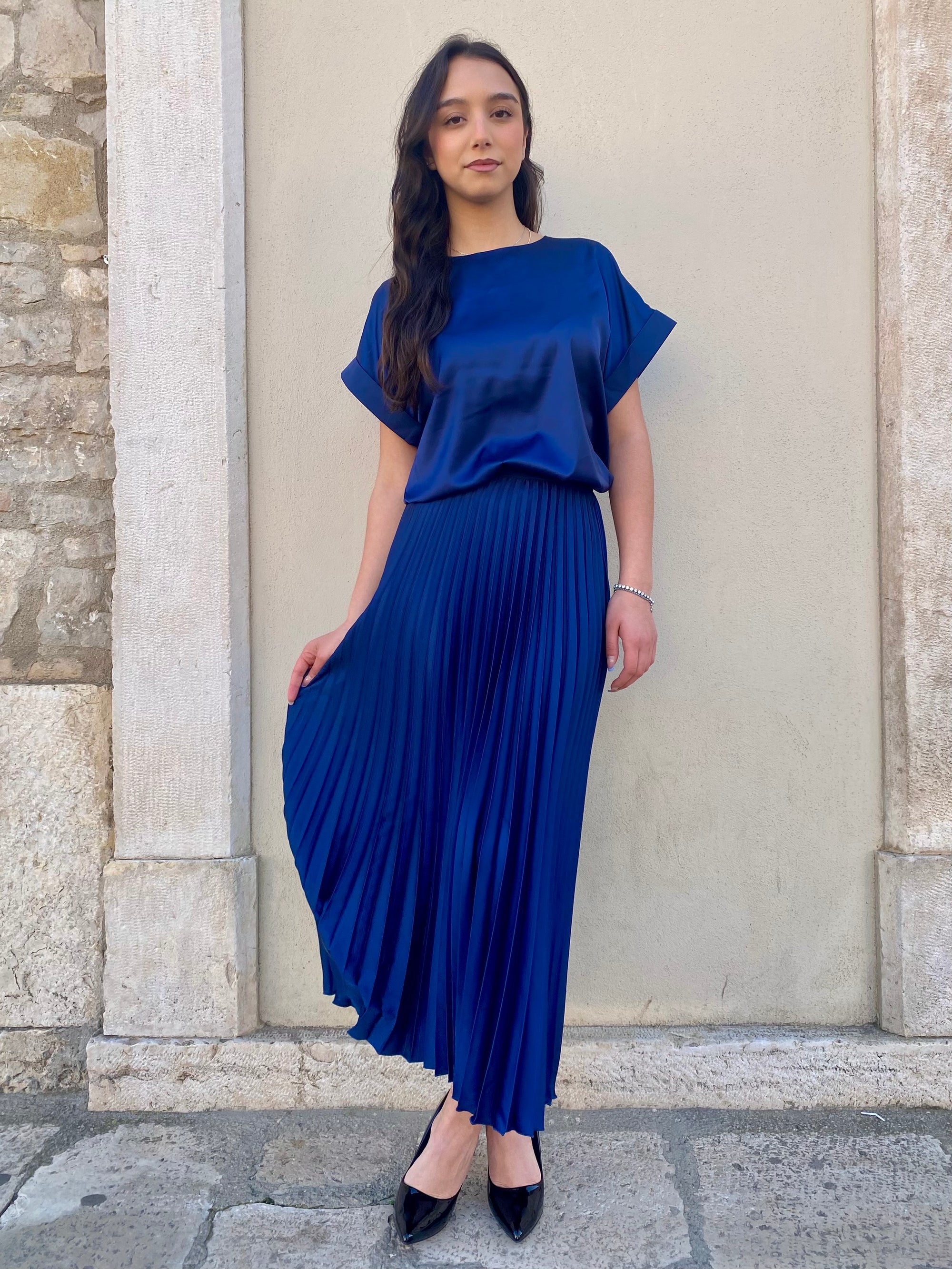 Griffai gonna da donna longuette plissè in raso DGP6685 blu