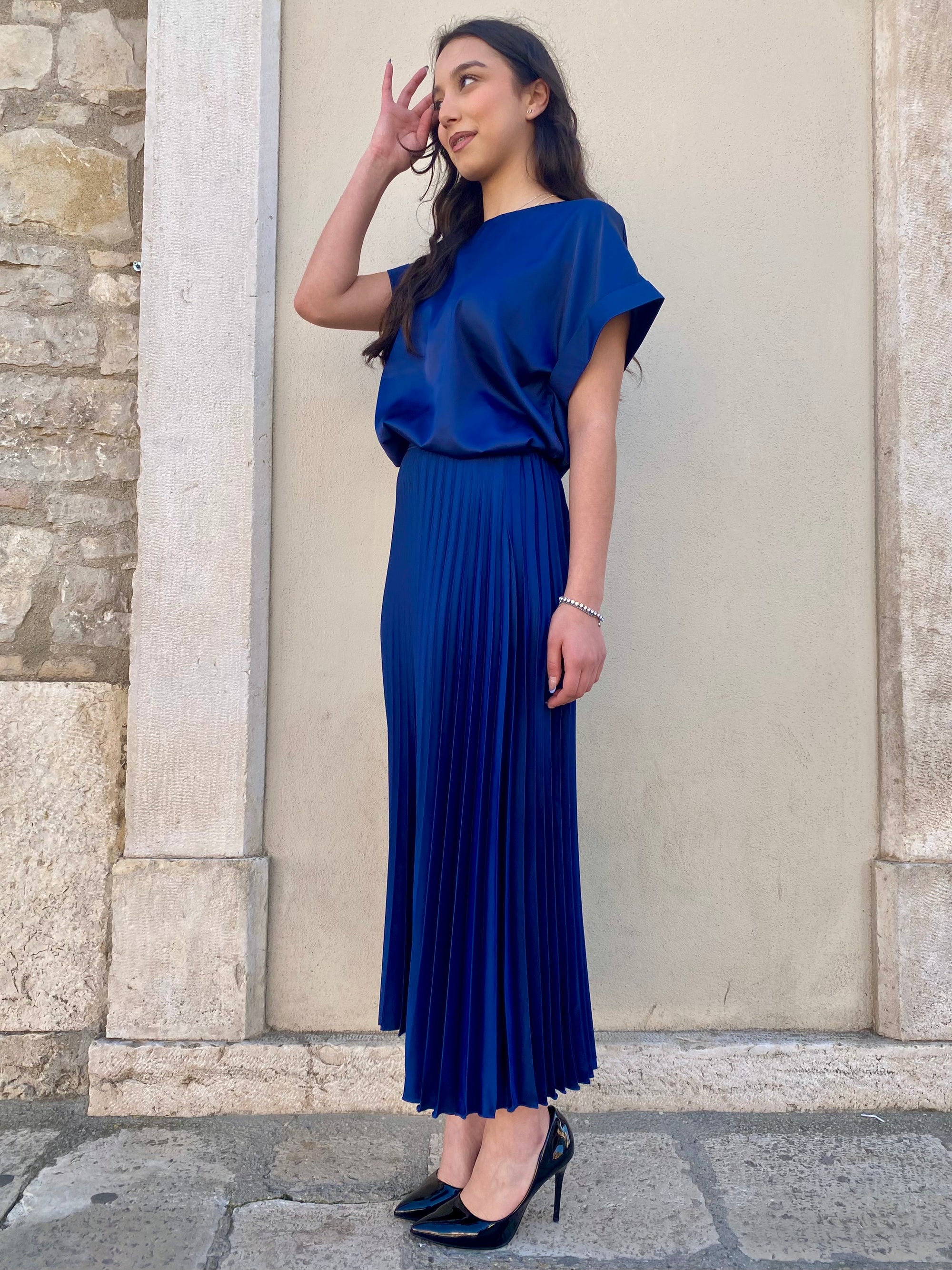 Griffai gonna da donna longuette plissè in raso DGP6685 blu