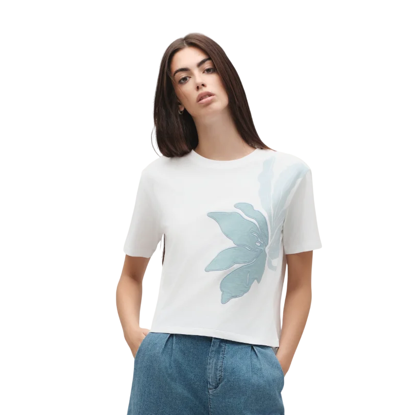 Griffai maglietta maniche corte da donna con ricamo orchidea DGP6413 bianco