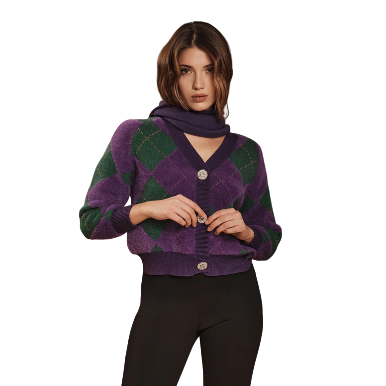 Griffai cardigan corto da donna con rombo bicolore e bottone gioiello DGF4211 viola-verde