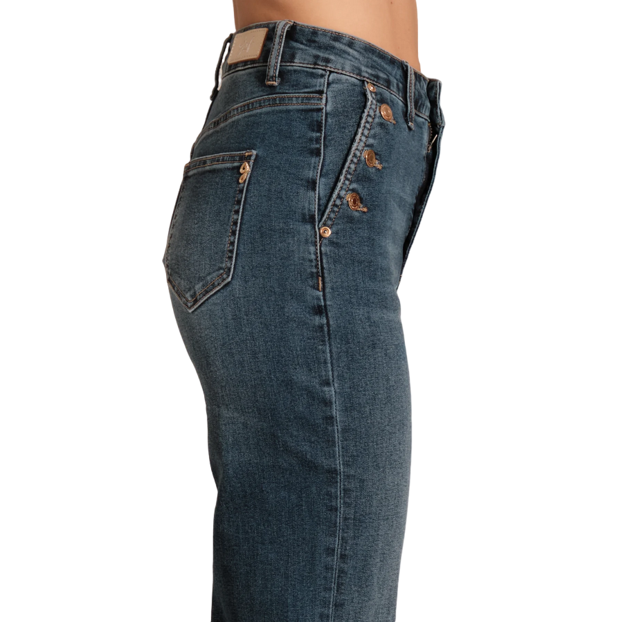 Griffai pantalone jeans Flare a palazzo da donna con bottoni alle tasche DGP4766 blu medio
