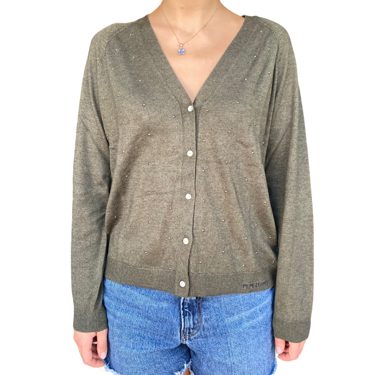 Pepe Jeans maglia cardigan da donna con borchie Halo PL702186 676 verde muschio