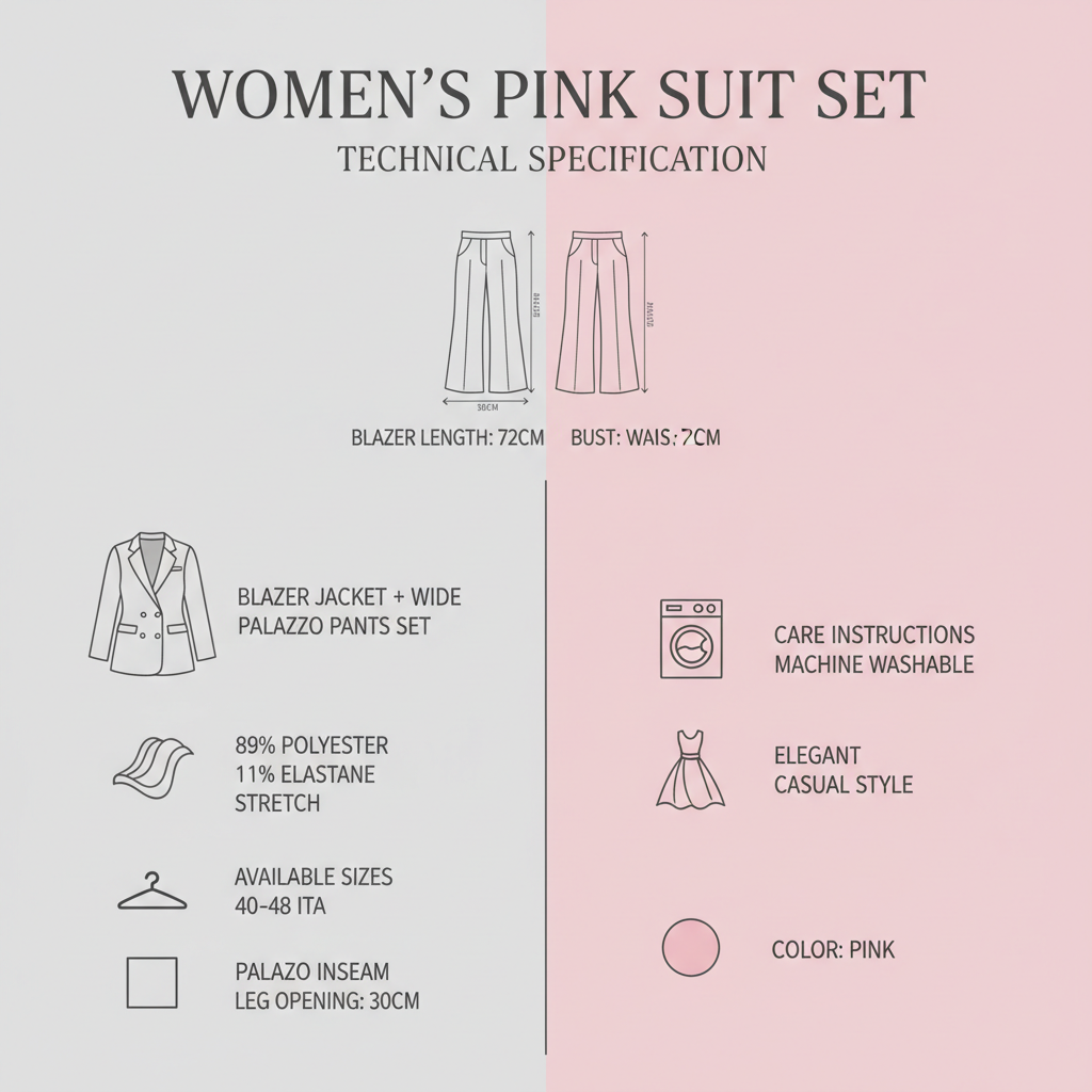 Infografica tecnica Completo Griffai DGP7927 rosa donna: giacca e pantalone palazzo, composizione 89% poliestere 11% elastico, stretch, taglie 40-48 ITA