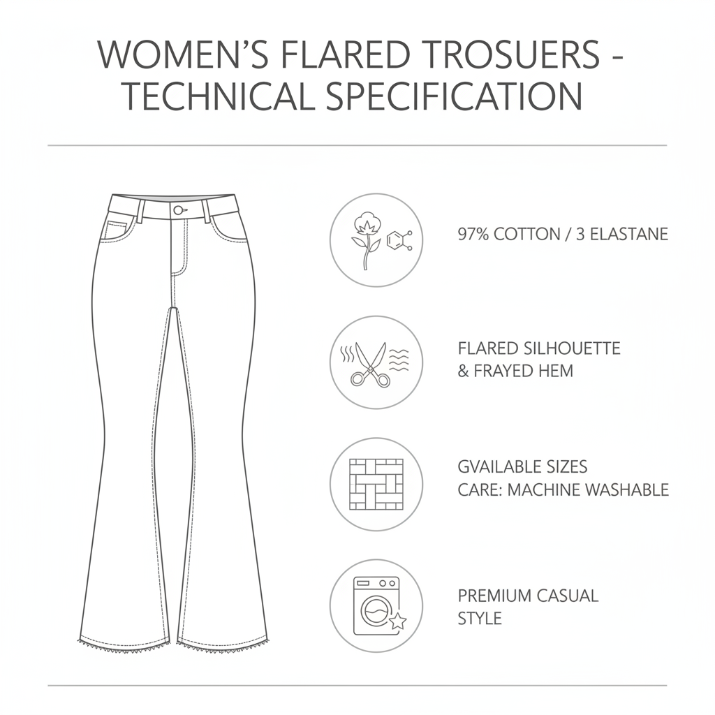 Infografica tecnica Pantalone Griffai DGP7911 trombetta bianco donna: composizione 97% cotone 3% elastico, gabardina, taglie 40-48 ITA, orlo sfilacciato