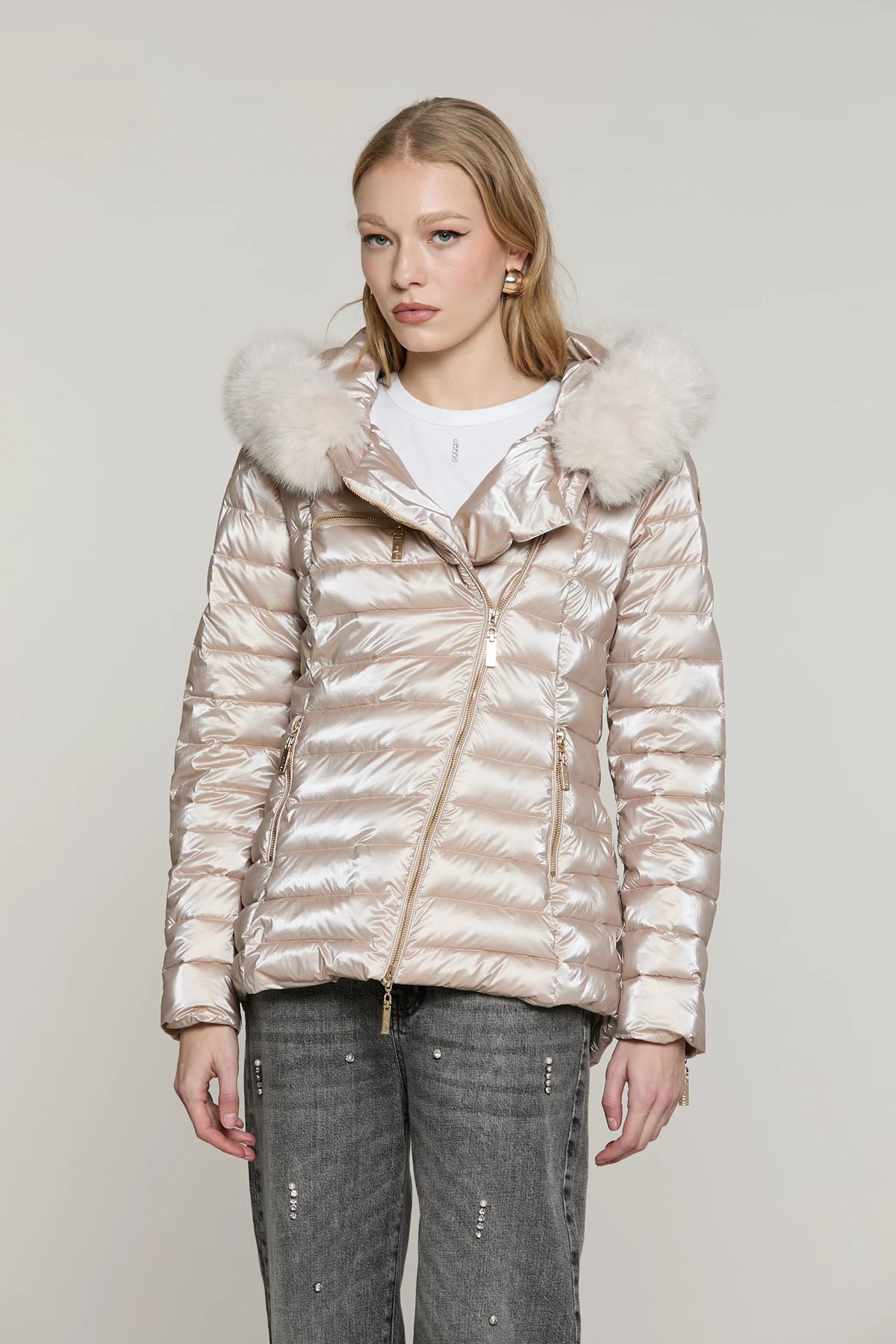 Relish Piumino PYLEM_A manica lunga con tasche più zip trasversale più cappuccio più bordo ecopelliccia staccabile RDA2605009027 silver peony