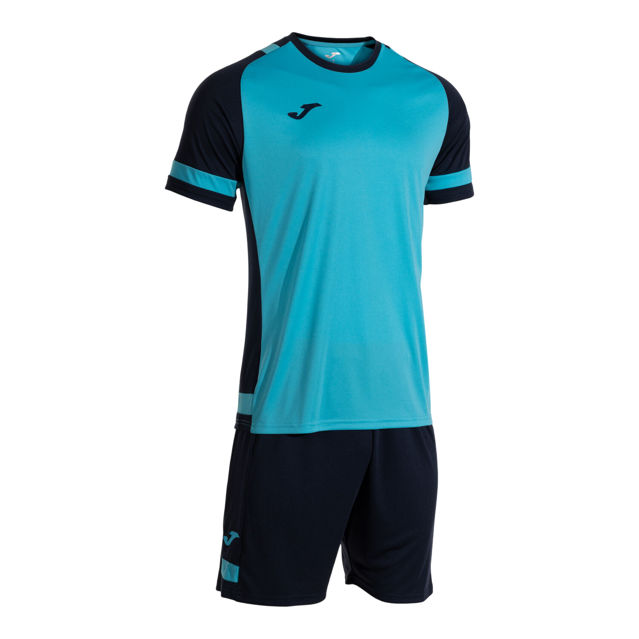 Completo sportivo Joma Lider Set uomo #104285.013 turchese fluorescente e blu scuro, t-shirt con collo rotondo e pantaloncino coordinato, pannelli in mesh traspirante